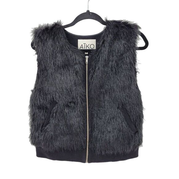 Aiko Womens Vest Faux Vegan‎ Fur Rocker Zip Up Silk Lined Pockets Black XS - Picture 3 of 13